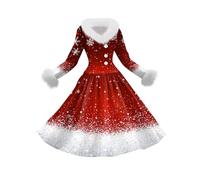 Robe Femme Mere Noel Femme Sexy Deguisement Trapèze Impression Costume Chic Et Elegant À Manches Longues Robe Cocktail Grande Taille Christmas Dress Décontracté pour Les Fêtes Rouge L