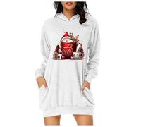 Robe Femme Noël Manche Longue Col Rond Robe Pull Tricotée, Sweat à Capuche Femme Long avec Imprimé de Noël Décontracté etpour Soirée Noël, Rencontre Amicale, Weekend Décontracté, Cadeau Chic