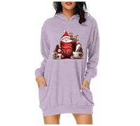 Robe Femme Noël Manche Longue Col Rond Robe Pull Tricotée, Sweat à Capuche Femme Long avec Imprimé de Noël Décontracté etpour Soirée Noël, Rencontre Amicale, Weekend Décontracté, Cadeau Chic