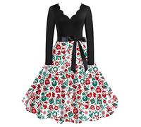 Robe Femme Noel, Robe de thé Classique pour Femmes de Noël Robe à Manches Longues et col en V avec Ceinture Swing Robes de soirée Cocktail (White, XXL)