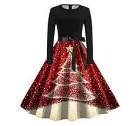 Robe Femme Noel, Robe Femme Soiree, Deguisement Mariage Cérémonie Hiver Déguisement Mere Moche Mignon Imprimer Robes Vintage Rockabilly Classique Elegant Swing Jupe Hepburn Rétro Grande Taille