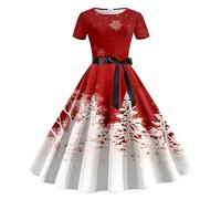 Robe Femme Noel, Robe Soirée Femme, Robes Au Genou Décontractée Robes Vintage Rockabilly Classique Elegant Swing Costume À 3D Imprimé Manche Courte Deguisement Mariage Cérémonie Hiver