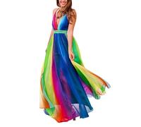 Robe Femme Printemps et été Nouvelle frontière européenne et Commerce extérieur frontière des Femmes Nouvelle Robe à Bretelles en V Profond Arc-en- en Mousseline de Soie (XL)