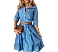 Robe Femme Robe De Soiree Dress Femme Fille Denim Robe Trois Quarts Manches avec Ceinture Turn-Down Col Boutons Ruffle Jeans Robes pour Les Femmes 2XL Lightblue