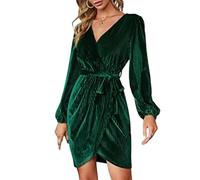 Robe Femme Robe De Soiree Dress Femme Fille Femmes Robe En Velours Couleur Unie Col En V Avec Ceinture Nouée Dame Robe De Soirée Taille Slim Manches Longues Ourlet Irrégulier Robe De Soirée Douce Xl
