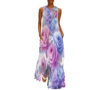 Robe Femme Roses Romantiques D'Été Chic Et Élégant Sans Manches Décontracté Grande Taille Longue Robes Plantes Aquarelles Femme Vintage Boheme Col En V De Plage De Soiree Robe Roses Bleues Roses