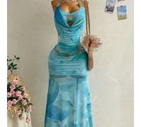 Robe femme sexy et romantique avec décolleté ras-du-cou à nouer, patchwork, bustier avec décoration florale en métal, col drapé profond et jupe sirène. Convient pour la plage, la croisière, les vacanc