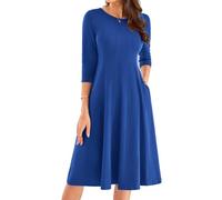 Robe Femme Trapèze Manches 3/4 Robe Swing Femme Printemps Robe Élégante Femme Longueur Mollet L Bleu Saphir -8