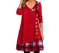 Robe Femmes Casual Automne Bouton Manches Longues Robe Chic Imprimé Patchwork Écossais À Grand Swing Mi-Longue Robe Chic Décontracté Robe De Soirée Hiver Grande taille (Rouge, XL)