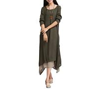 Robe Femmes Col Rond Manches Longues Coton Lin Vintage Irrégulière Casual Lâche Boho Robes Longues Jupe De Plage Café XL