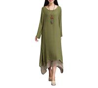Robe Femmes Col Rond Manches Longues Coton Lin Vintage Irrégulière Casual Lâche Boho Robes Longues Jupe De Plage Vert Armée XL