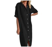 Robe Femmes Coton Lin - Robe Ete Femme Mi Longue Fluide - Col en V en Manches Courtes Coupe Trapèze Robe De Plage Ample Rétro Robe en Lin Décontractée Robe De Soiree Femme Longue