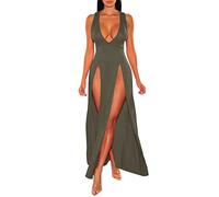 Robe Fendue Femme Deep V, Robe Ete Femme sans Manches Longue Sexy Couleur Unie Coupe Slim Ourlet Ample Chic Et Élégants Hot Luxe Charme Mature Tempérament Dress Confortable pour Clubbing Party