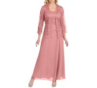 Robe festive pour femme avec veste en dentelle - Élégante robe de soirée 2 pièces pour mariage et occasions spéciales - Robe longue de mère de la mariée en trapèze, Style P02 rose, 3XL