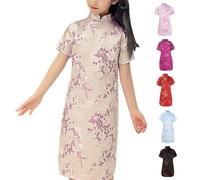 Robe festive pour fille 134 - Tang Chinois Cheongsam - Courte - Longueur genou - Élégante - A - Robe chinoise Qipao - Broderie florale - Robe moulante vintage, Noir , 140