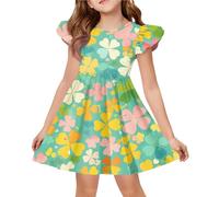 Robe festive pour filles avec impression trèfle à quatre feuilles, col rond, manches courtes, ample, confortable, robe d'été pour les loisirs, Vert fluo 01, 130