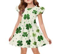 Robe festive pour filles avec impression trèfle à quatre feuilles, col rond, manches courtes, ample, confortable, robe d'été pour les loisirs, Turquoise 01, 130