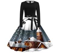 Robe Fete Femme Longue,Robe DéContractéE pour Femme Style AnnéEs 50 avec Col Rond Et Manches Longues pour SoiréE éLéGante Et FêTes De NoëL