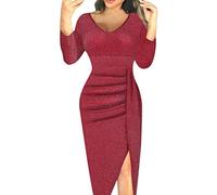 Robe Fete Femme Robe Rouge Femme Soirée Cocktail Élégante Haute Nouvel Dentelle Paillettes Col Rond Manches Longues A-Line Dress Glamour Nouvel an