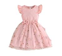 Robe Fille 12 Ans - Robe D'Été Décontractée pour Filles Ornée d'un Nœud Et De Manches Fleuries en Transparent Idéale pour Les Fêtes (Red 5-6 Years)