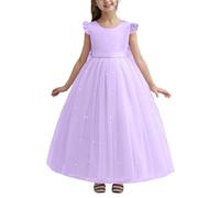 Robe Fille 12 Ans - Robe Longue Élégante pour Fille avec Nœud Et Perles Idéale pour Une Fête d'anniversaire Ou Un Concours (Light Purple 12-14Y Ears)