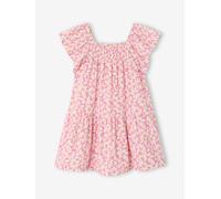 Robe fille à smocks imprimée fleurs rose poudré 5A