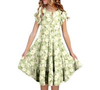 Robe Fille Dentelle été Manches Courtes à Volants Coupe Swing pour Enfants 2-7 Ans Robe légère et aérée(Light Green-4, 10-11 Years)