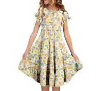 Robe Fille Dentelle été Manches Courtes à Volants Coupe Swing pour Enfants 2-7 Ans Robe légère et aérée(Light Green-9, 14-15 Years)