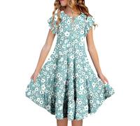 Robe Fille Dentelle été Manches Courtes à Volants Coupe Swing pour Enfants 2-7 Ans Robe légère et aérée(Sky Blue-3, 6-7 Years)