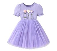 Robe Fille Élégante Manches Courtes Col Rond Tutu Floral Robe d'anniversaire Ceremonie Mariage Fête Robes de Filles Princesse Tulle Robes Filles Plage d 'Été Vacance pour Fête Plage 2-7 Ans