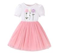 Robe Fille Élégante Manches Courtes Col Rond Tutu Floral Robe d'anniversaire Ceremonie Mariage Fête Robes de Filles Princesse Tulle Robes Filles Plage d 'Été Vacance pour Fête Plage 2-7 Ans