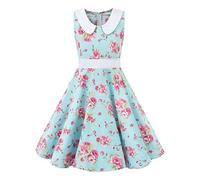 Robe Fille Enfant de Bal Vintage Pin Up à Audrey Hepburn 50's 60's Rétro Imprimée à Pois Fleur Rockabilly Robe Enfant de Soirée Cocktail Demoiselle Été sans Manches Fleur Bleu Clair 11-12 Ans