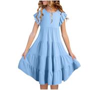 Robe Fille Été Vêtements A-Ligne Élégant Dress Robes Couleur Unie Vêtement Manches Flottantes Robe Casual Loose Vêtements avec Poches Dress Classique Robes Chic Vêtement Mes Commandes Bleu, 6 Ans