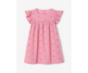 Robe fille gaze de coton brodée fleurs vieux rose 6A
