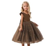 Robe Fille Manches col V pour séance Photo décontractée extérieure fête Spectacle Tenue Saisons Printemps été Automne (Brown, 3-4 Years)