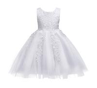 Robe Fille Mariage Fleur Dentelle Elegant Princesse Tutu Tulle Bébé Enfant sans Manche Col Rond avec Nœud Papillon 3D au Dos Cérémonie Demoiselle D'honneur Soirée Anniversaire Courte Blanc 4-5 ans