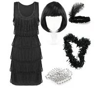 Robe Flapper Deluxe Noire - Grande - Costume de Flapper Noir Deluxe pour Femme avec Bandeau à Paillettes assorti, Collier de Perles Argentées, Boa de Plumes, Perruque Bob - Robe de Fête Années 1920