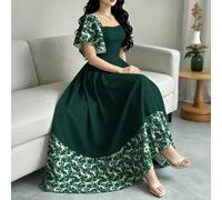 Robe fleurie à imprimé marguerite verte pour femme, robe d'été à col carré et manches courtes, design à volants et patchwork à l'ourlet, style vacances d'été L,M,S,XL,XS,XXLFloralÉtoffe