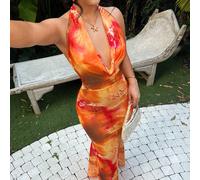 Robe fleurie à motif animal, avec décolleté drapé et dos nu, sexy. Tenue pour vacances sur une île, tenue pour fête au bord de la piscine, robe d'été, tenue de plage pour femme, tenue de vacances pour