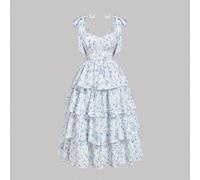 Robe fleurie à volants à épaules nouées, superposée et froncée, grande taille, pour le thé d'été 0XL,1XL,2XL,3XL,4XL,5XLFloral,Plantes,imprimé floral,Tout ImpriméTissu tissé