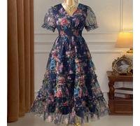 Robe fleurie en tulle à manches courtes, grande taille. Convient pour un anniversaire, un thé de l'après-midi, un rendez-vous de la Saint-Valentin, un mariage, un gala du soir 0XL,1XL,2XL,3XL,4XLImpri