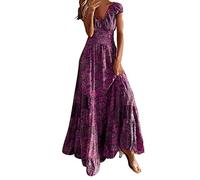 Robe Fleurie Femme Col V, Robe Femme Maxi Longue à Manches Courtes Wrap Taille Chic Et Elegant Vacances Extensible Confortable Ample Classique Loisirs Confortable Demoiselle d'honneur Loisirs