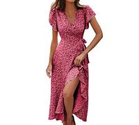 Robe Fleurie Femme Ete À Manches Courtes Col en V Chic Floral Swing Elegant Wrap Élastique Taille Haute Longue Robes De Plage Boheme Robe Ete Courte