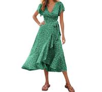 Robe Fleurie Femme Ete À Manches Courtes Col en V Chic Floral Swing Elegant Wrap Élastique Taille Haute Longue Robes De Plage Boheme Robe Tee Shirt Col V