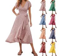 Robe Fleurie Femme Ete À Manches Courtes Col en V Chic Floral Swing Elegant Wrap Élastique Taille Haute Longue Robes De Plage Boheme Robe Evasee Femme