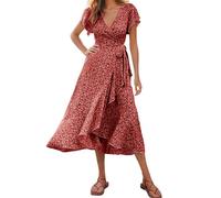 Robe Fleurie Femme Ete À Manches Courtes Col en V Chic Floral Swing Elegant Wrap Élastique Taille Haute Longue Robes De Plage Boheme Robe Fluide
