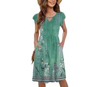 Robe Fleurie Femme Ete Bohème Robes De Plage Taille Empire V Cou Décontracté Swing Qui Cache Le Ventre avec Poche Dress De Mi Longue pour Les Femmes