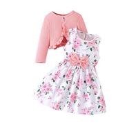 Robe florale 2 pièces avec manteau à manches longues et taille haute pour adolescente - Robe de princesse de plage - Robe d'été et d'anniversaire avec nœud papillon - Rose - 120 cm