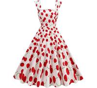 Robe florale rétro sans manches pour femme, col carré, longueur genou, coupe trapèze, style Hepburn, années 50 et 60, robe d'été décontractée, pour fête, mariage, invitée à la maison, Cerise blanche.,