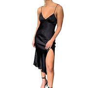 Robe Fluide Habillée Femmes Sexy Satin Robe Dos Spaghetti Strap Cocktail Mariage Invité Soirée Midi Fendue Robes